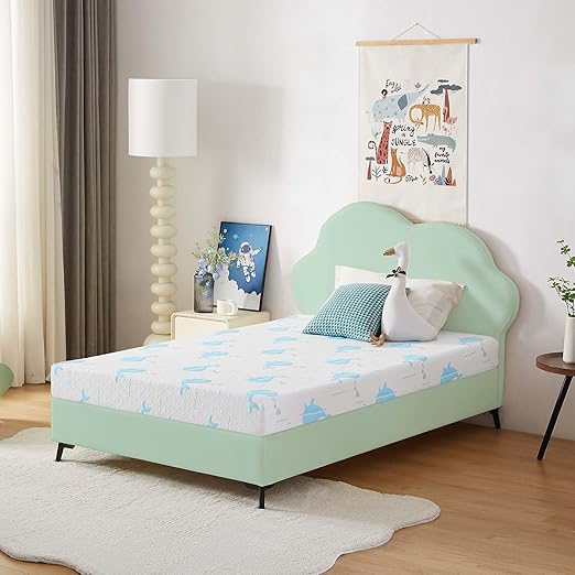 6 Inch Twin Mattress for Kids, Removable Washable Cover with Whales Pattern Cooling Memory Foam Medium Feel, Bed-in-a-Box, CertiPUR-US Certified, Twin, White/Blue
