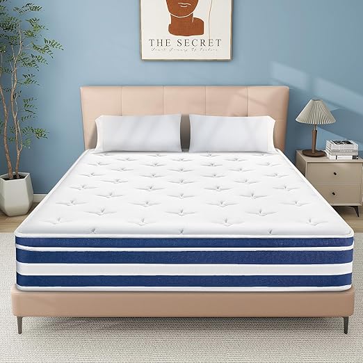 Hybrid Mattress, Medium Feel, with Individual Pocket Spring for Motion Isolation Silent Sleep, Pressure Relief, Mattress in A Box, White and Blue (White, Twin, 10, Inches)